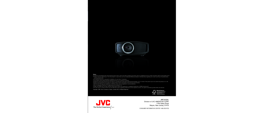 JVC DLA-HD950 Jvc U.S.A, Division of JVC AMERICAS CORP 1700 Valley Road Wayne, New Jersey, Consumer Information Center 